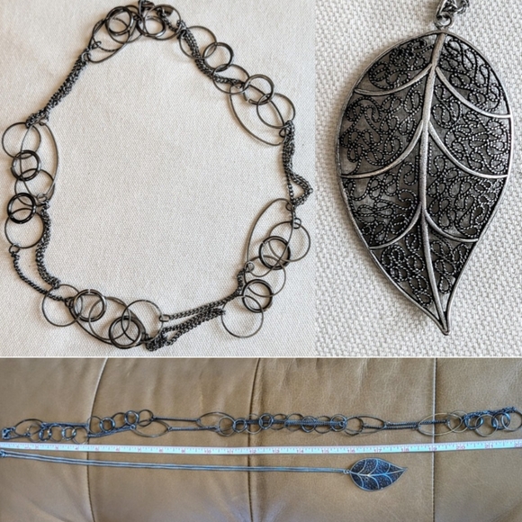 Jewelry - Two Long Costume Necklace Lot, Black & Silver Colored, Many Rings, Leaf Pendant
